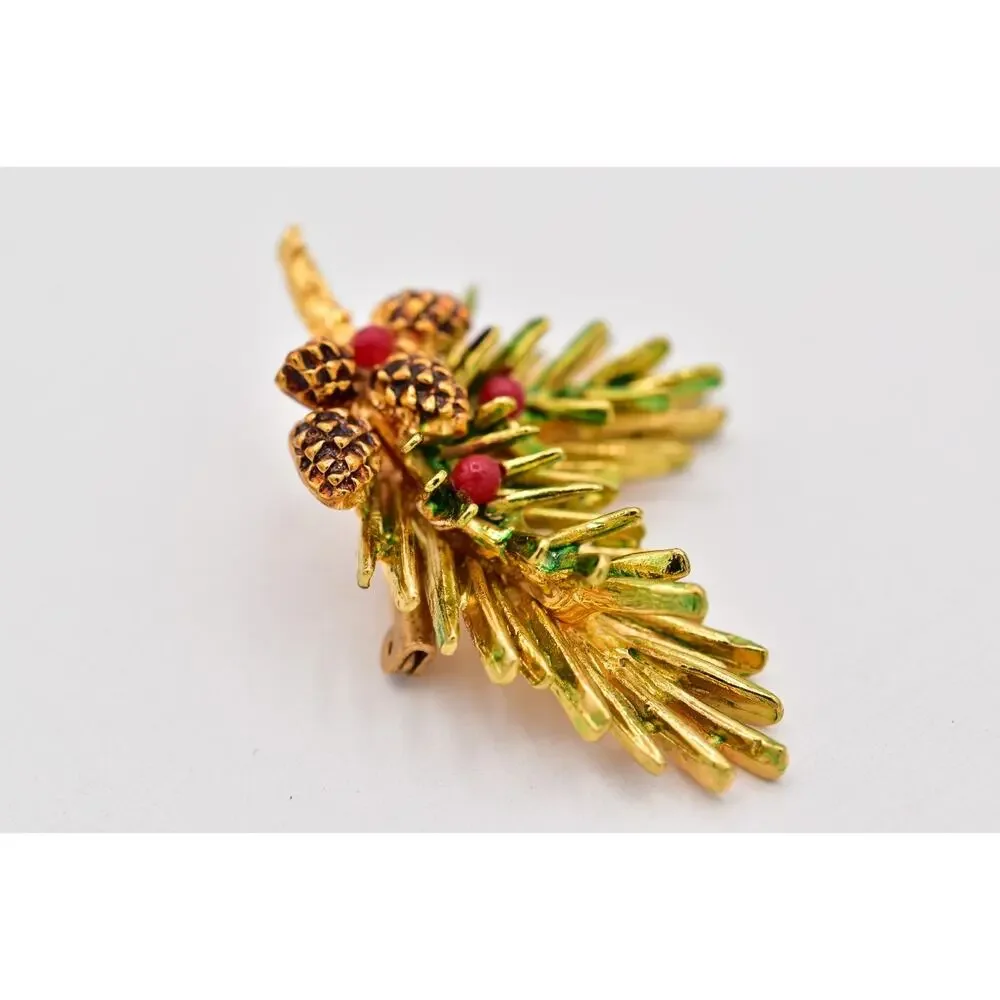 ART Vintage Christmas Pinecone Brooch Gold Red Berry Evergreen Branch Pin BinBI